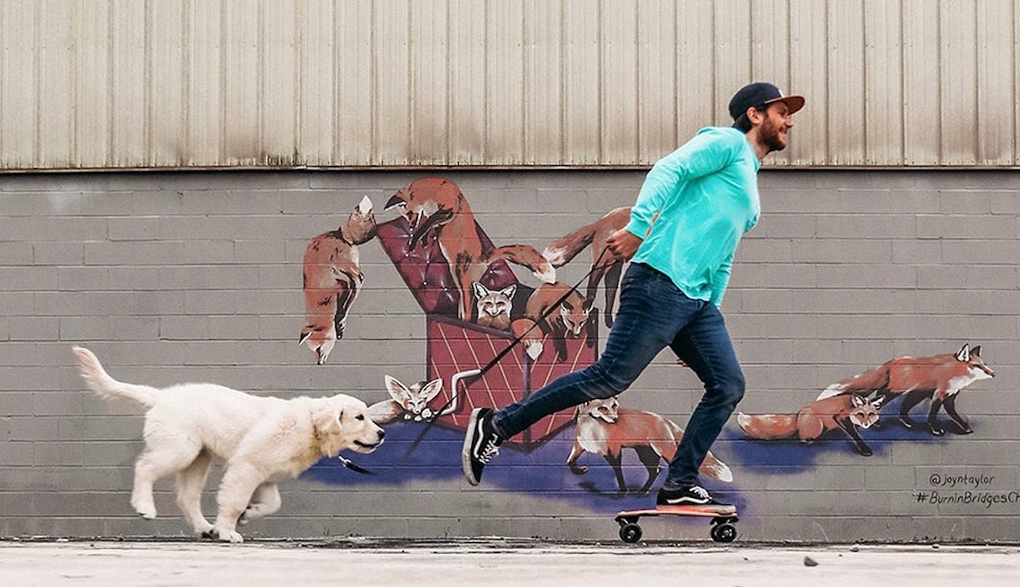 A guy skating Elos board to commute with his white dog
